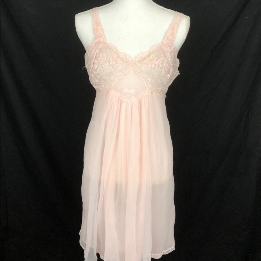 Vintage Pale Pink Lace Nylon Nightgown Sheer Large